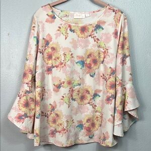 Belle by Kim Gravel Watercolor Floral Print Ruffle Flowy Sleeve Blouse Medium